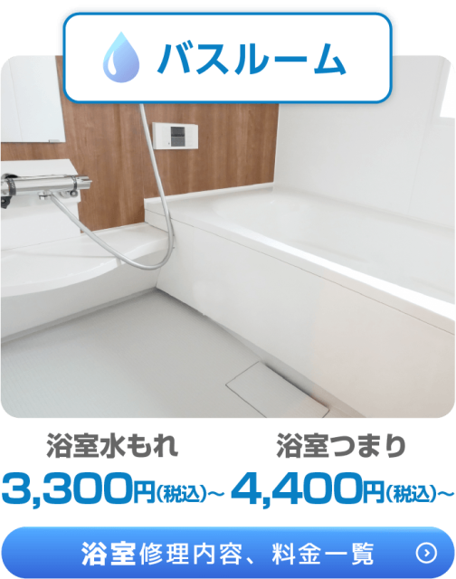バスルーム 浴室水もれ 浴室つまり 3,300円(税込)～ 4,400円(税込)～ 浴室修理内容、料金一覧